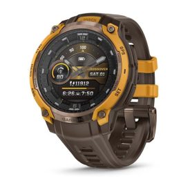   Garmin Instinct® Crossover AMOLED GPS Okosóra – Bronz / Sárga Tok (Kakaóbarna Szilikon Szíjjal)